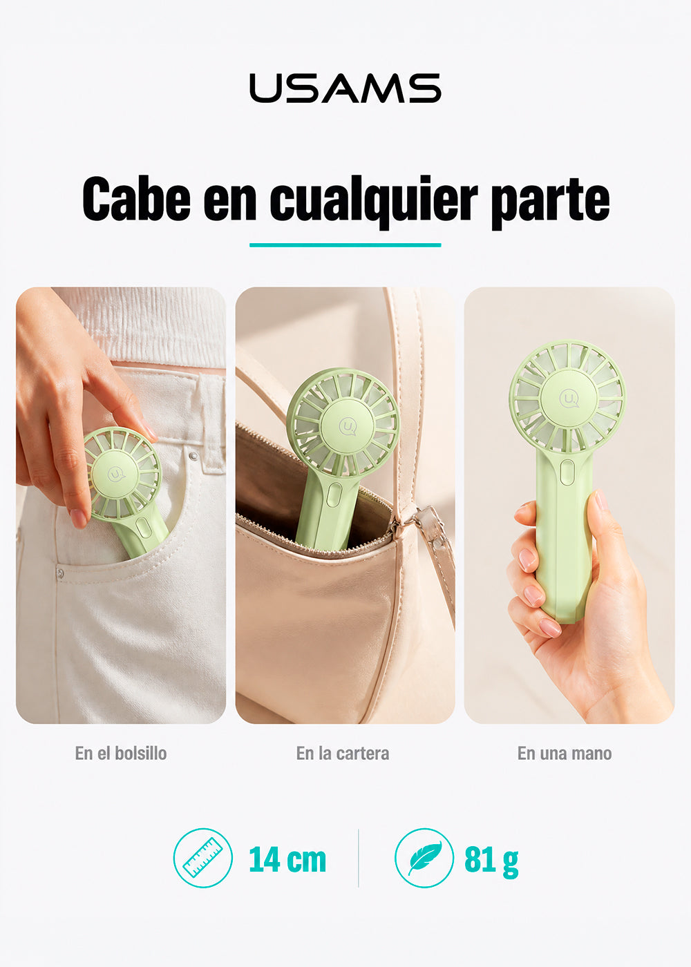 Mini Ventilador De Mano Portatil Recargable Alta Velocidad Usams ZB288 8