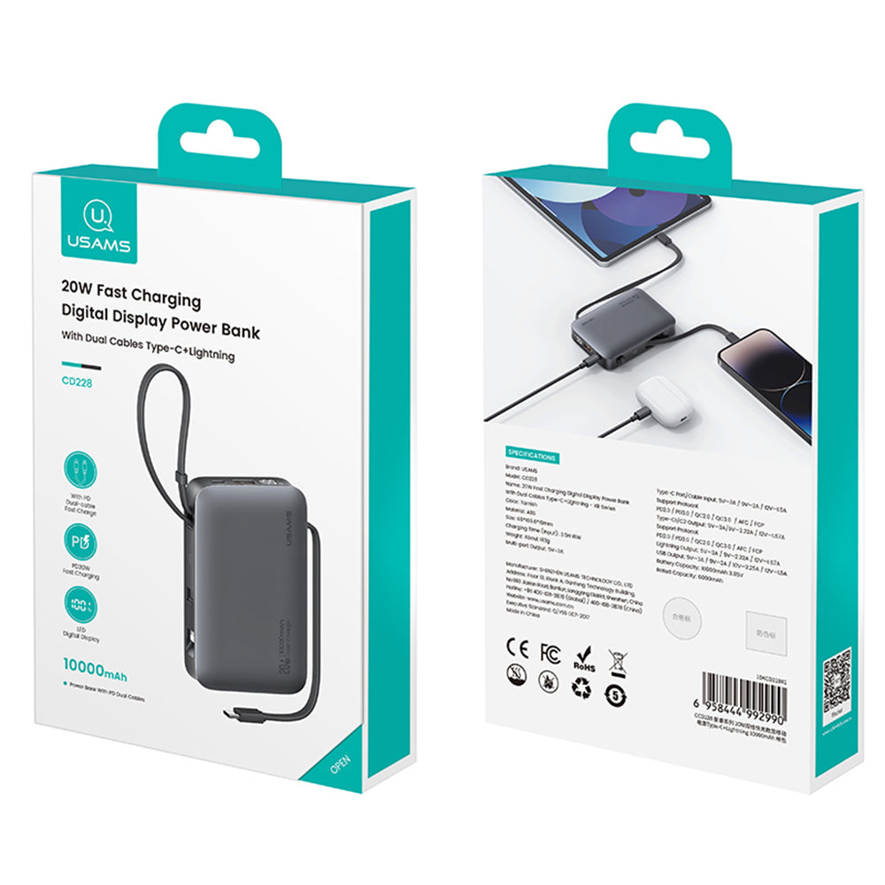 Batería Externa Power Bank 10.000mAh Con Cable Tipo C y Lightning 20W CD228