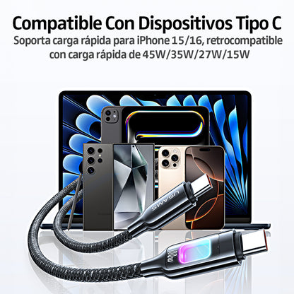 Cable Carga Rápida USB-C A USB-C Para iPhone iPad SJ750 100W 1,2 Metros Luz LED