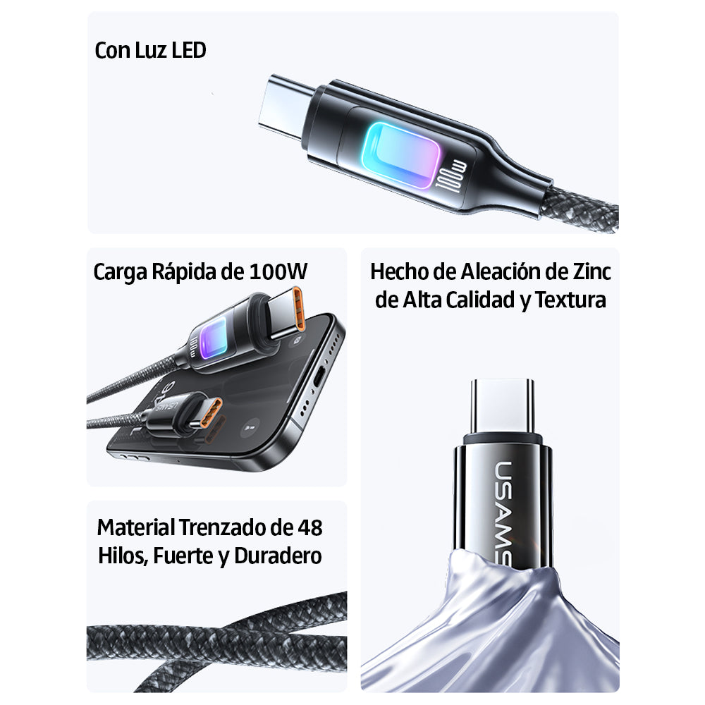 Cable Carga Rápida USB-C A USB-C Para iPhone iPad SJ750 100W 1,2 Metros Luz LED