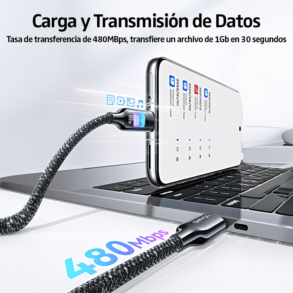 Cable Carga Rápida USB-C A USB-C Para iPhone iPad SJ750 100W 1,2 Metros Luz LED