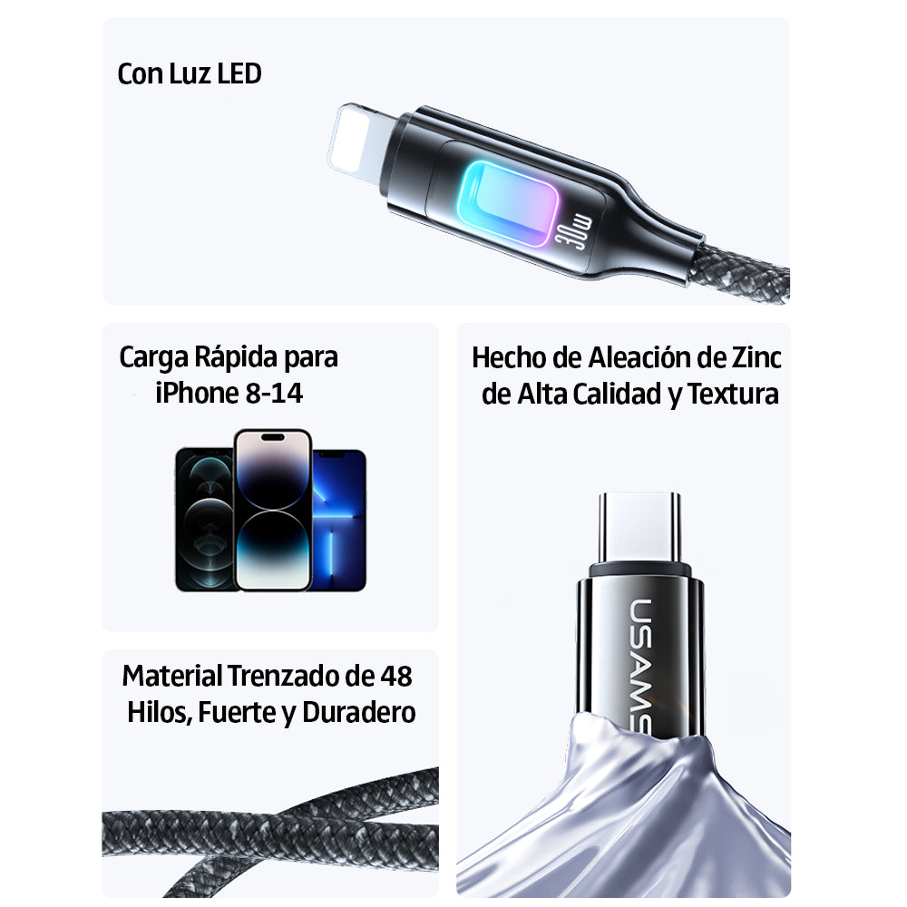 Cable Para iPhone A USB-C SJ749 30W Trenzado 1.2 Metros Luz LED